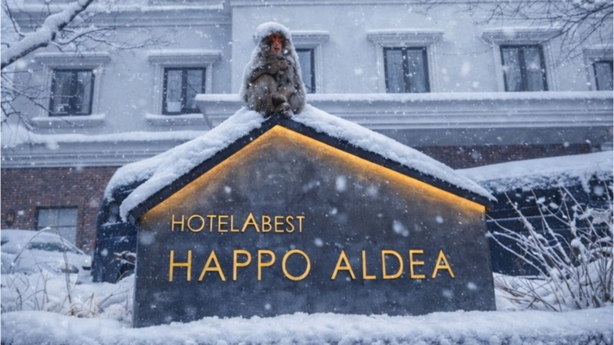 白銀の世界に包まれた『ホテルアベスト八方Aldea』。ふと看板を見上げると、予期せぬ愛らしい珍客が羽を休めていました。ここは、手つかずの豊かな自然と隣り合わせの場所。運が良ければ、スノーモンキーとの奇跡の出会いがあるかもしれません。都会の喧騒を離れ、大自然の息吹を感じる非日常のステイをお楽しみください。