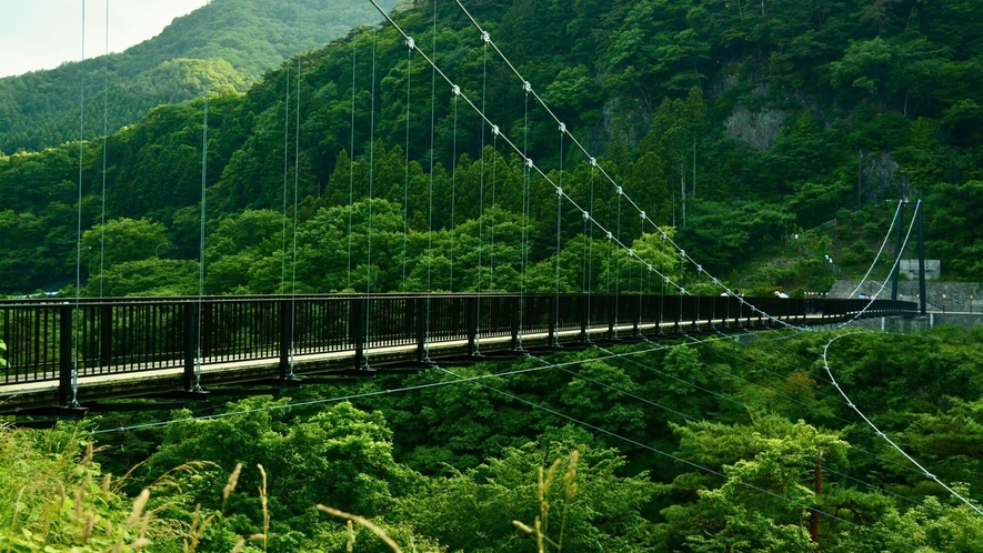 【鬼怒楯岩大吊橋】お車で約5分。鬼怒川と楯岩を結んでいることから「縁結びの橋」とも呼ばれています。