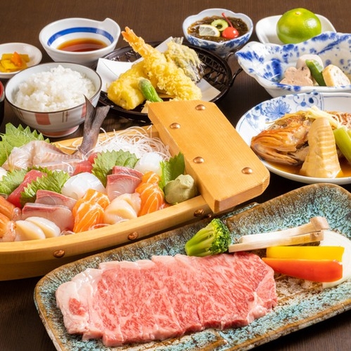 夕食（ステーキ御膳＆刺身舟盛り）