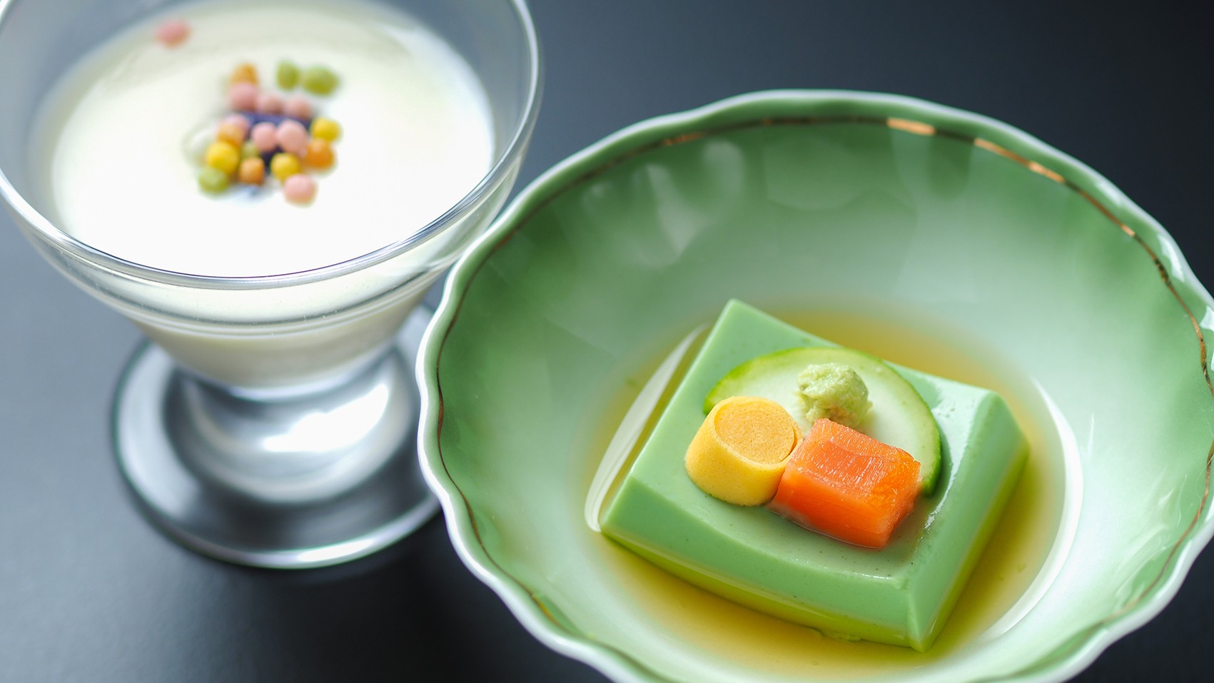 ◆箸付／抹茶豆富・新馬鈴薯摺り流し（2026年初夏お食事イメージ）