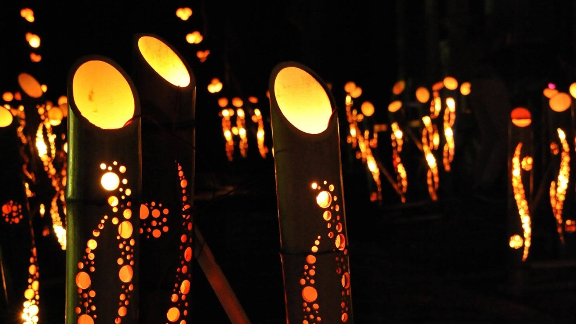 【塩原温泉　竹取物語】温泉郷を彩る竹鞠と竹灯籠が楽しめる幻想的で心温まる空間となっております。