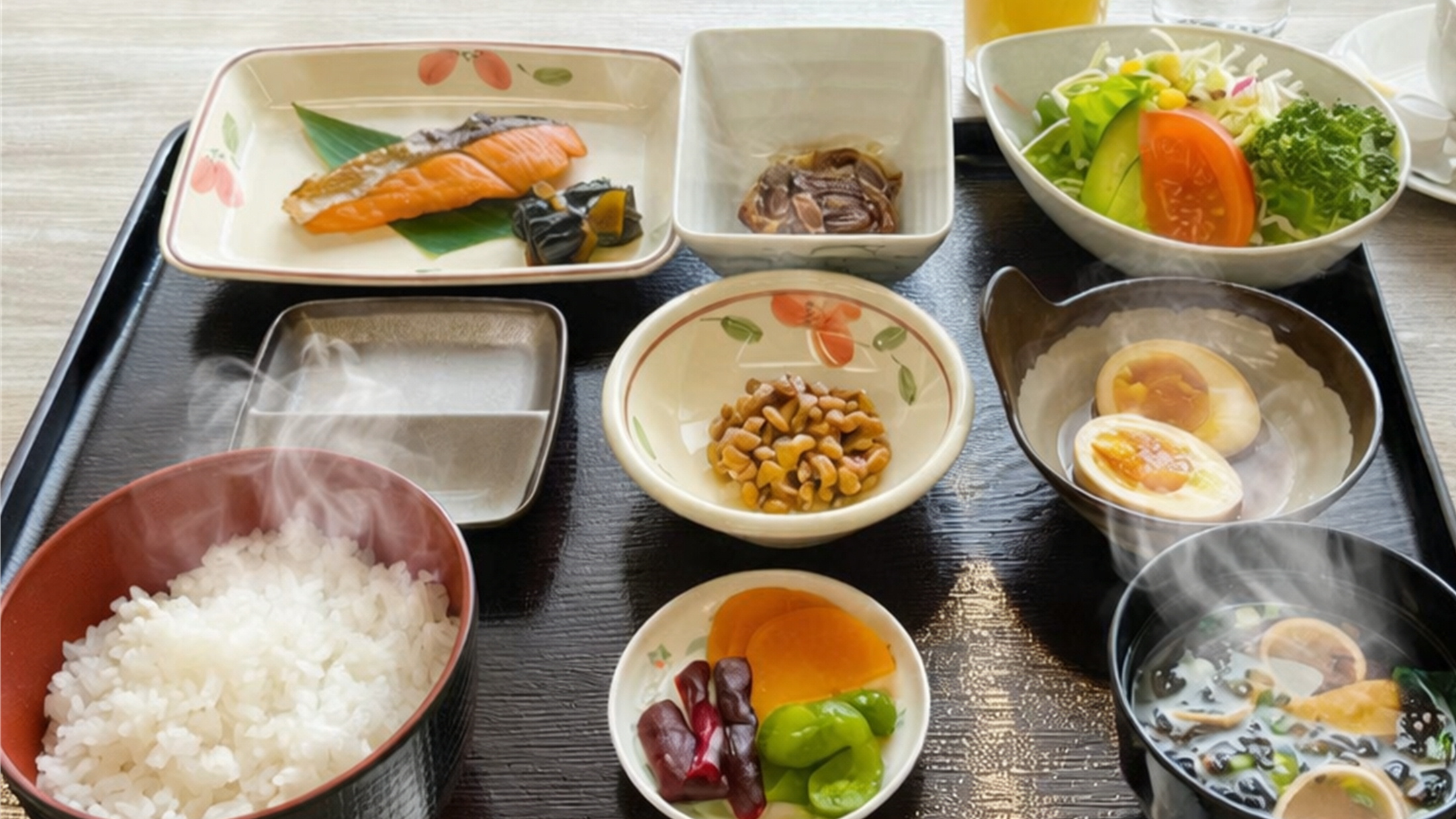 和定食： 焼き魚や小鉢を揃えた、心落ち着く定番の和朝食