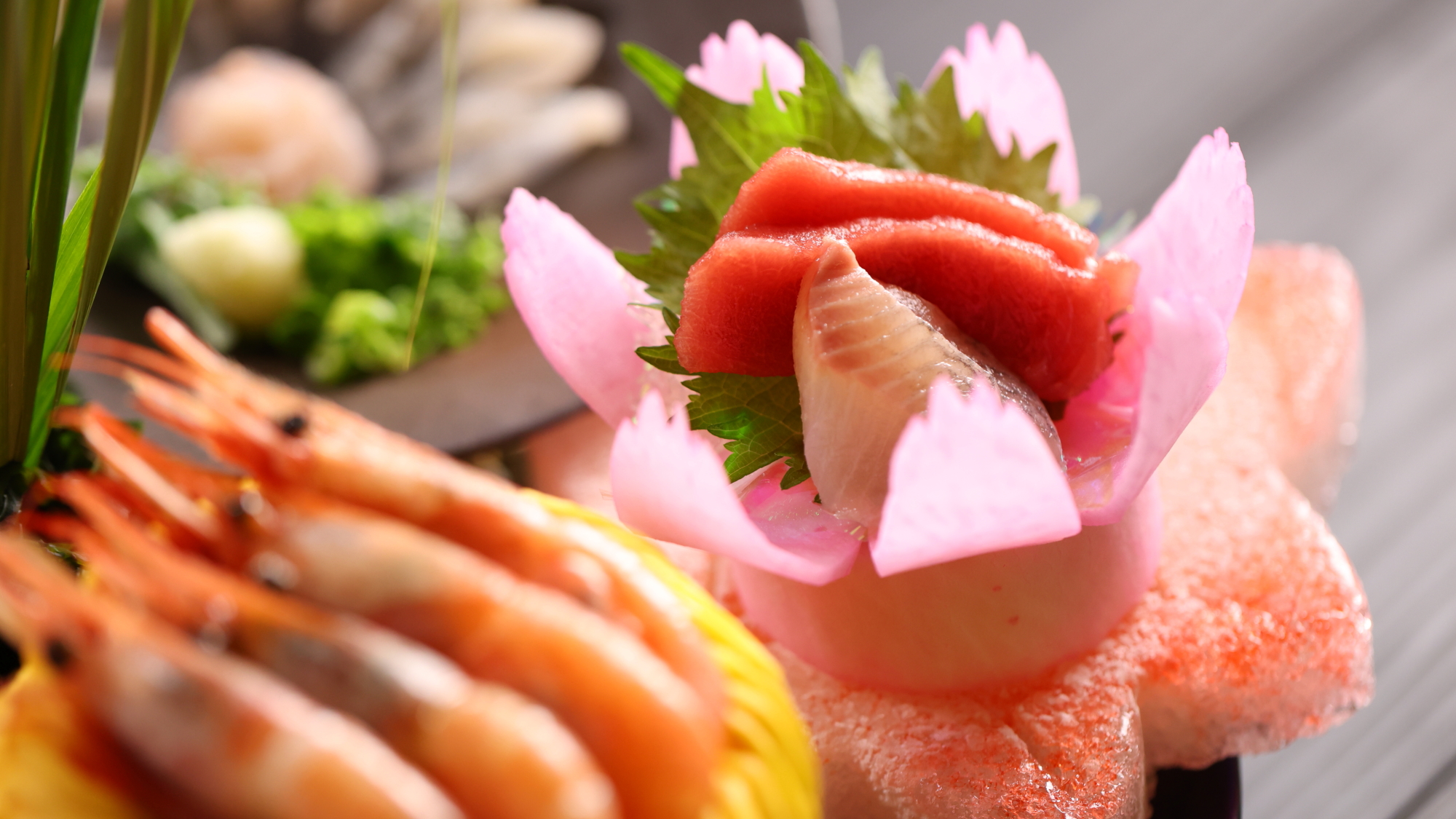 【お造り】冬季限定・甘海老の甘みと新鮮な旬魚の旨味を堪能。華やかな器と演出で目でも楽しめます。