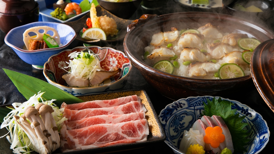 おおいた天然”関鯛”の土鍋飯と極み出し汁の錦雲豚しゃぶしゃぶ
