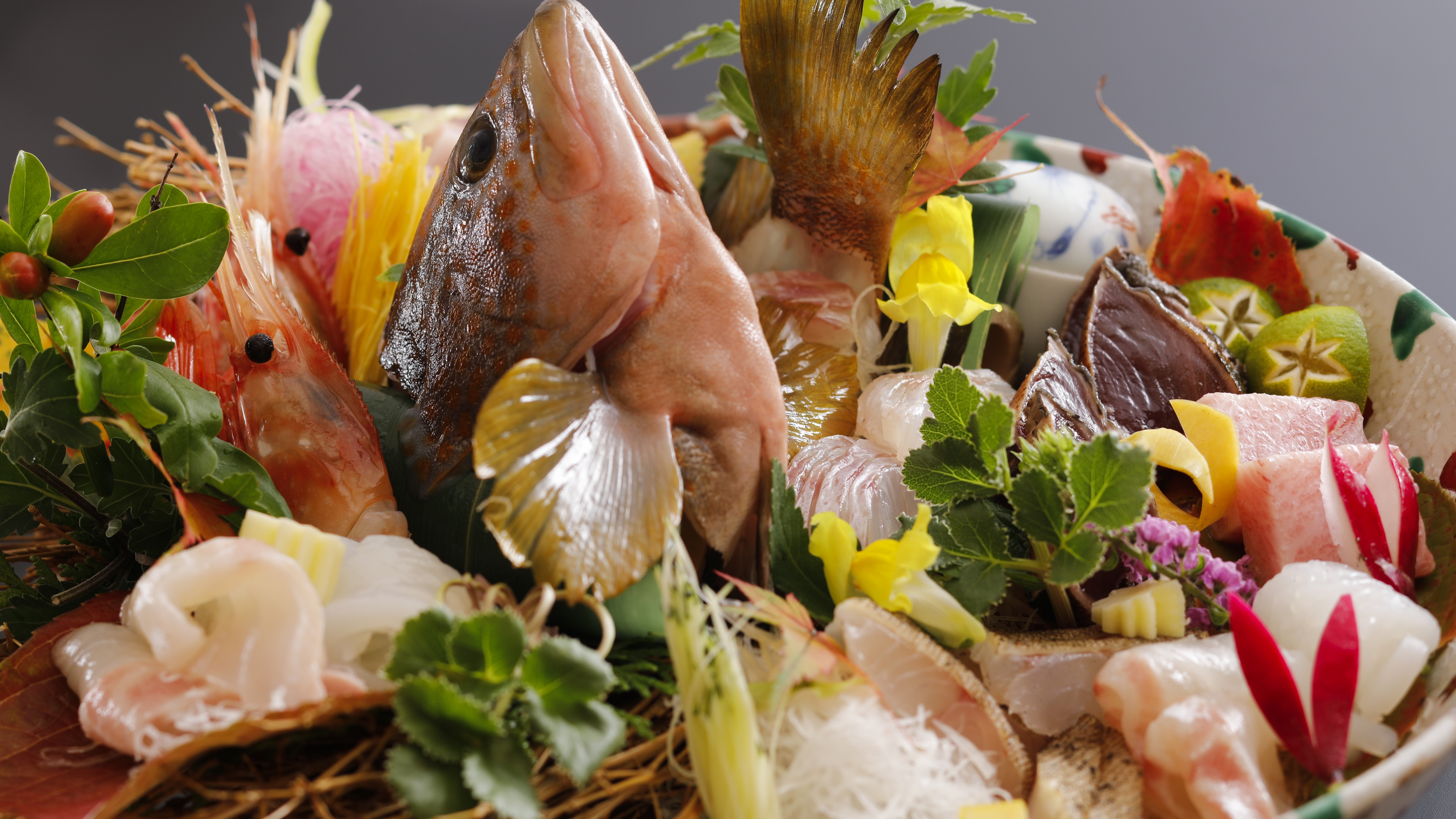 【秋の豪華美食】地魚と本鮪トロ、鯛、鰹、牡丹海老、白烏賊のお造り６種盛