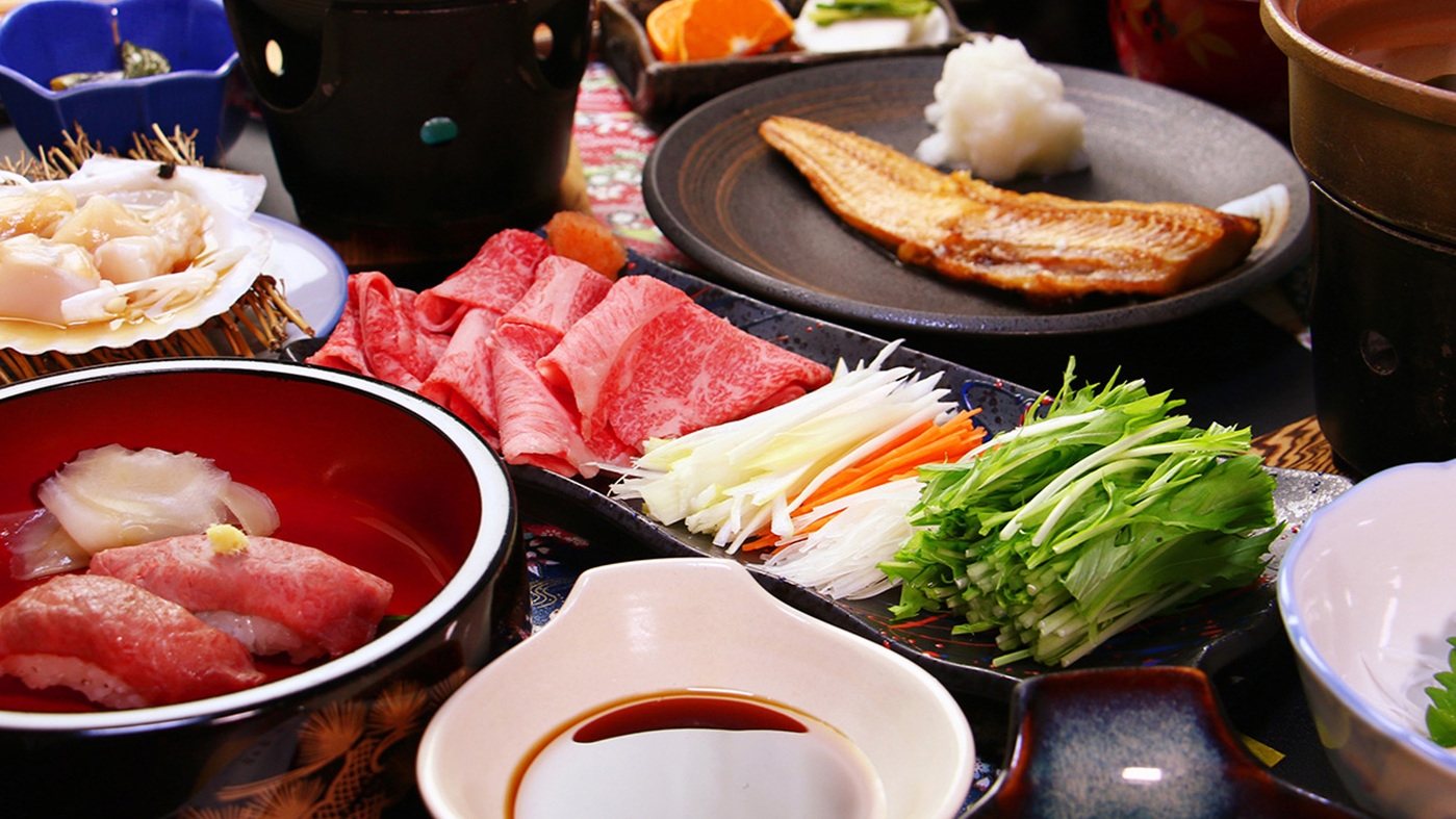 ★【前沢牛しゃぶしゃぶ】とろけるお肉で野菜を巻いて2種のタレでさっぱりと♪温泉券付