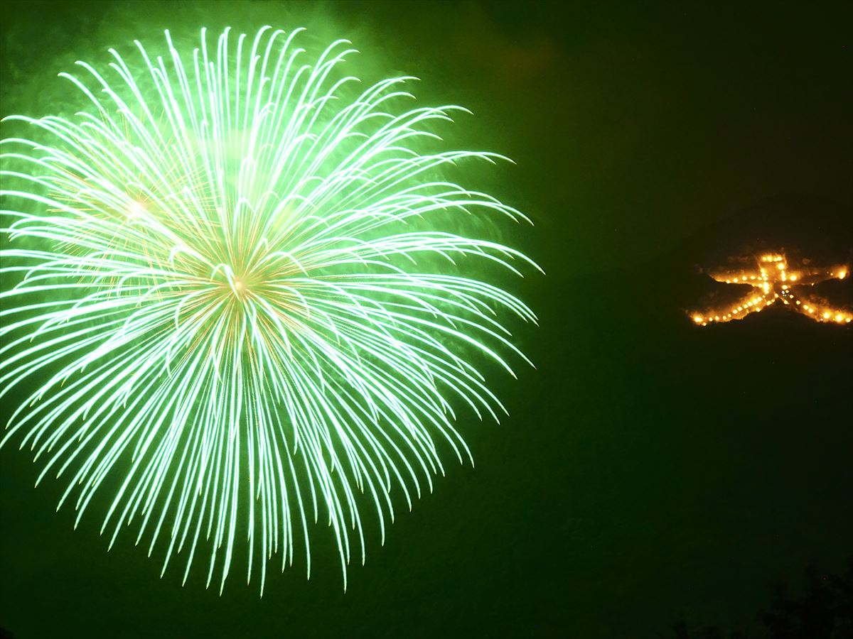 ロビーから見た大文字焼と花火(毎年8月16日。雨天順延)