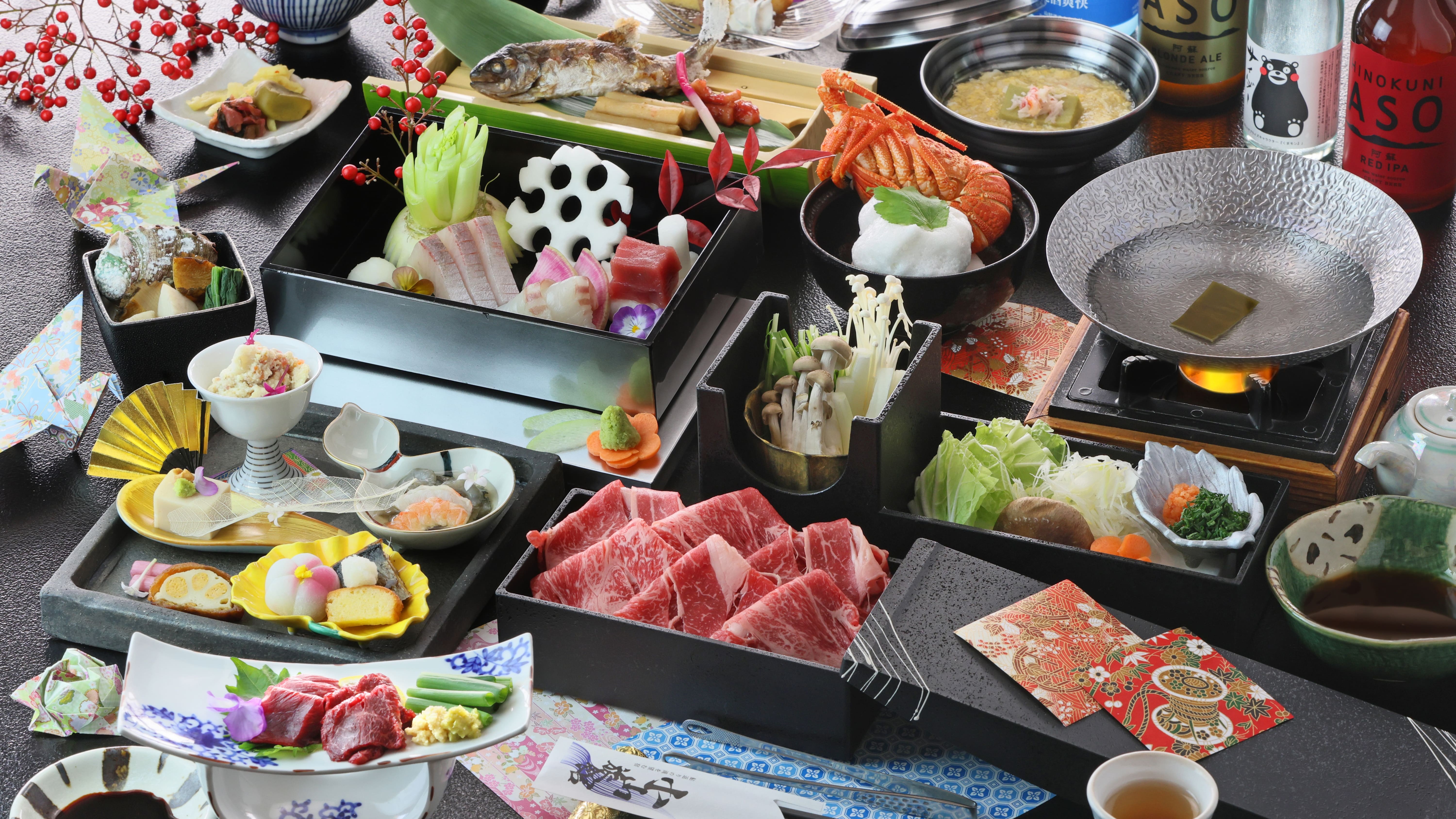 選べるあか牛の豪華会席_馬刺し、あか牛、イセエビ