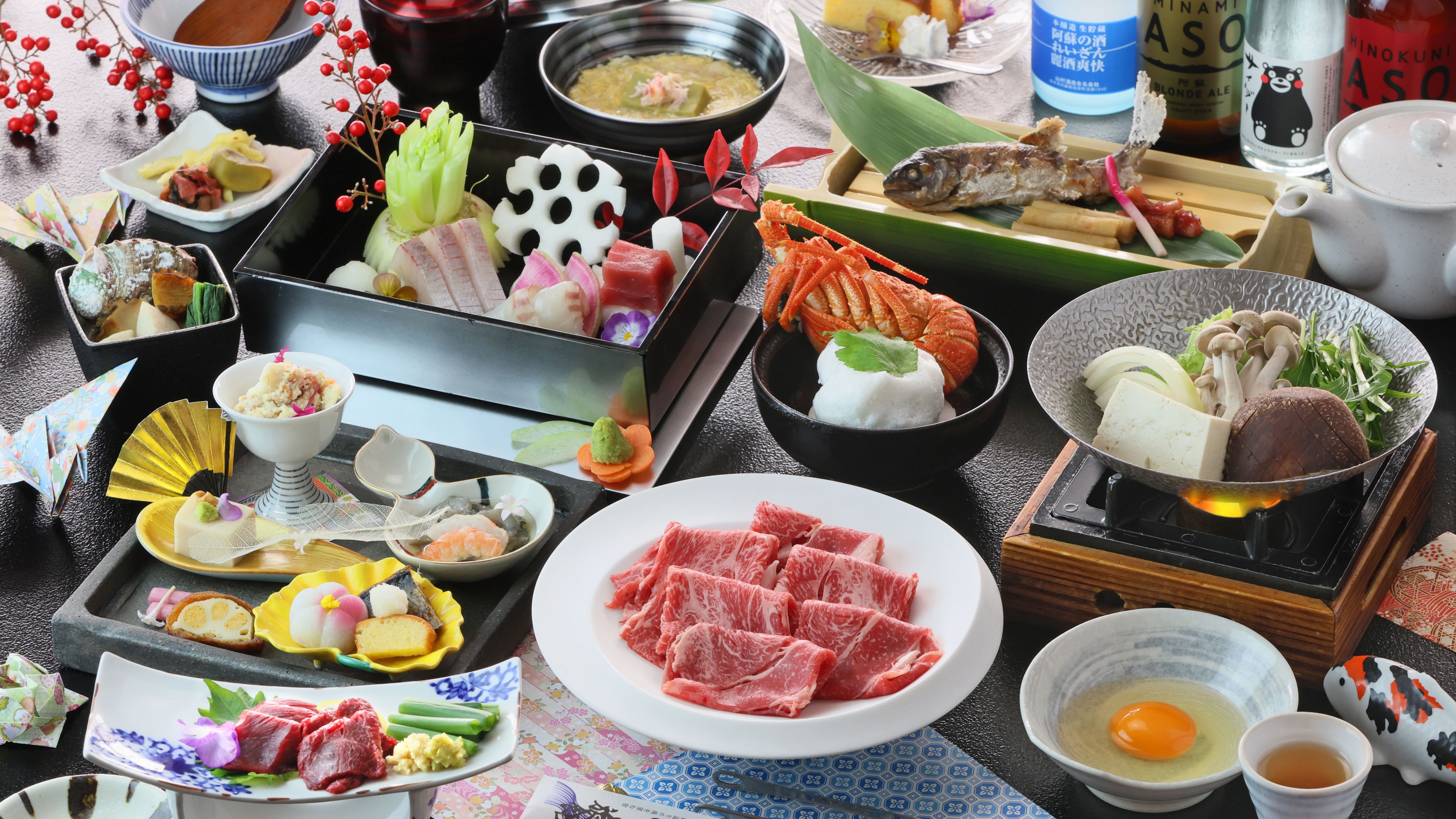 選べるあか牛の豪華会席_馬刺し、あか牛、イセエビ