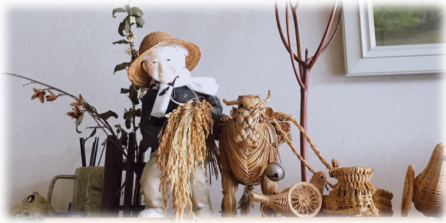 ＜収穫の喜び　稲穂とお爺ちゃん＞