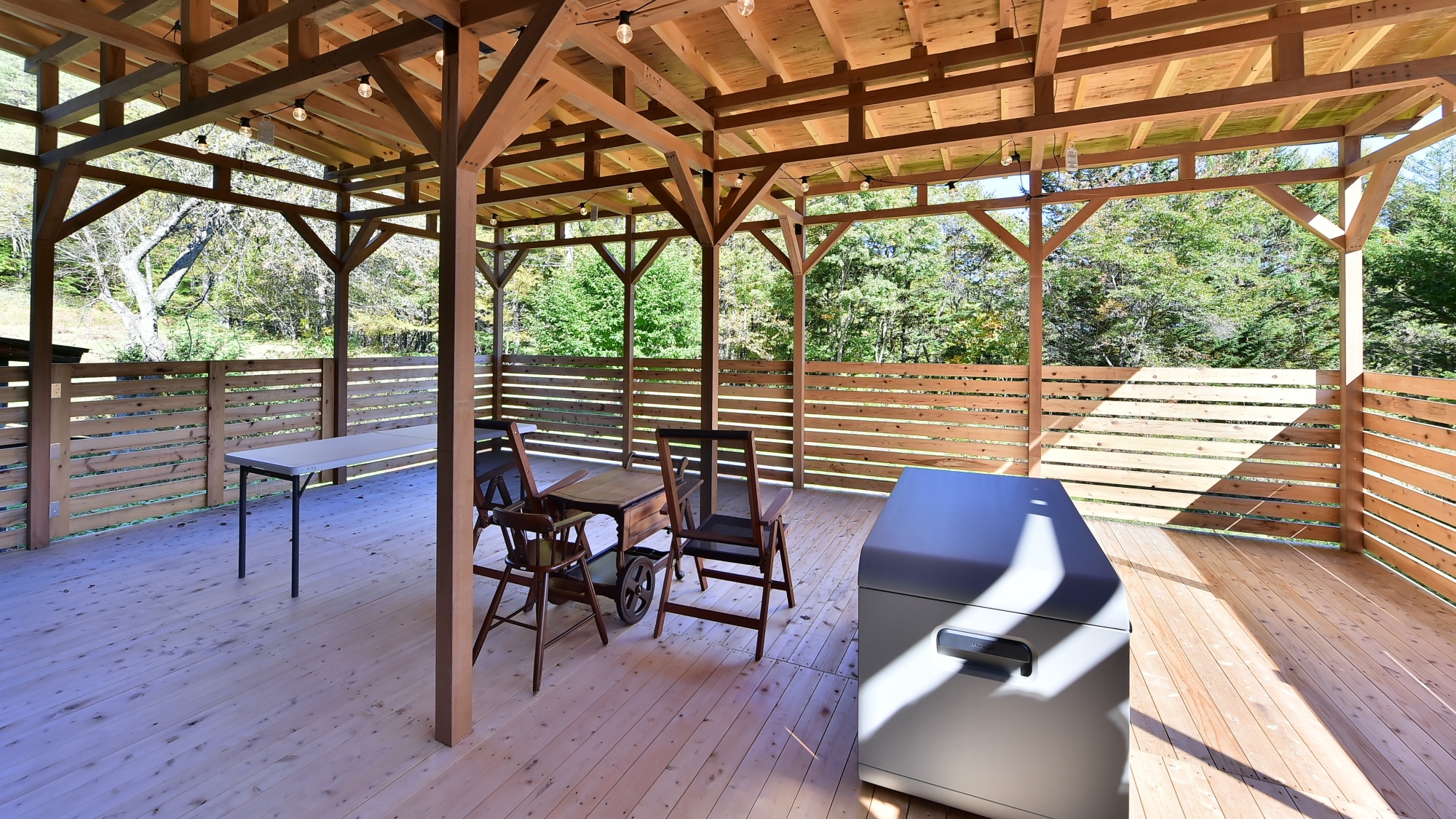 ウッドデッキ：寛ぎスペースとしてご利用いただけます。ワンちゃんはマナーパンツの着用をお願いします。