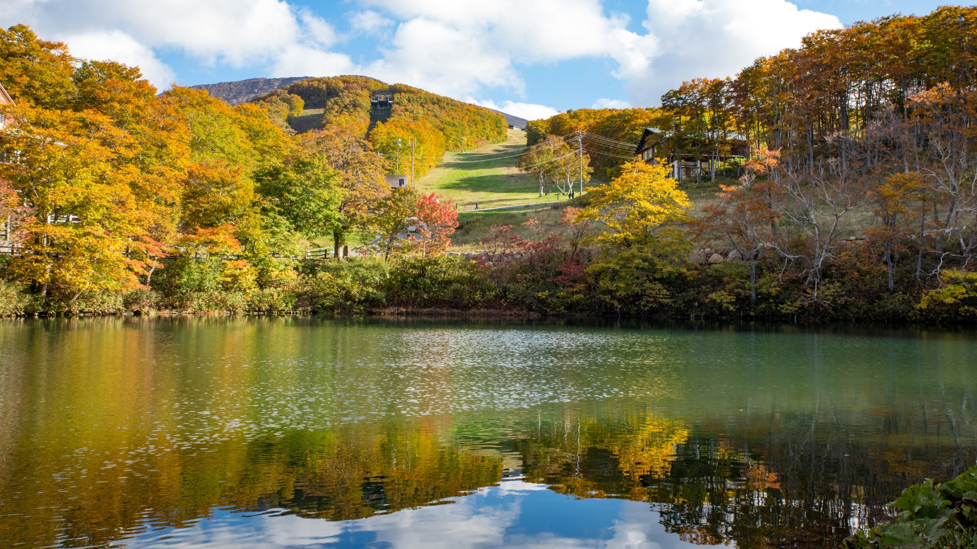 赤や黄色に色づいた木々とエメラルドグリーンに染まる水面が美しい、秋のドッコ沼。