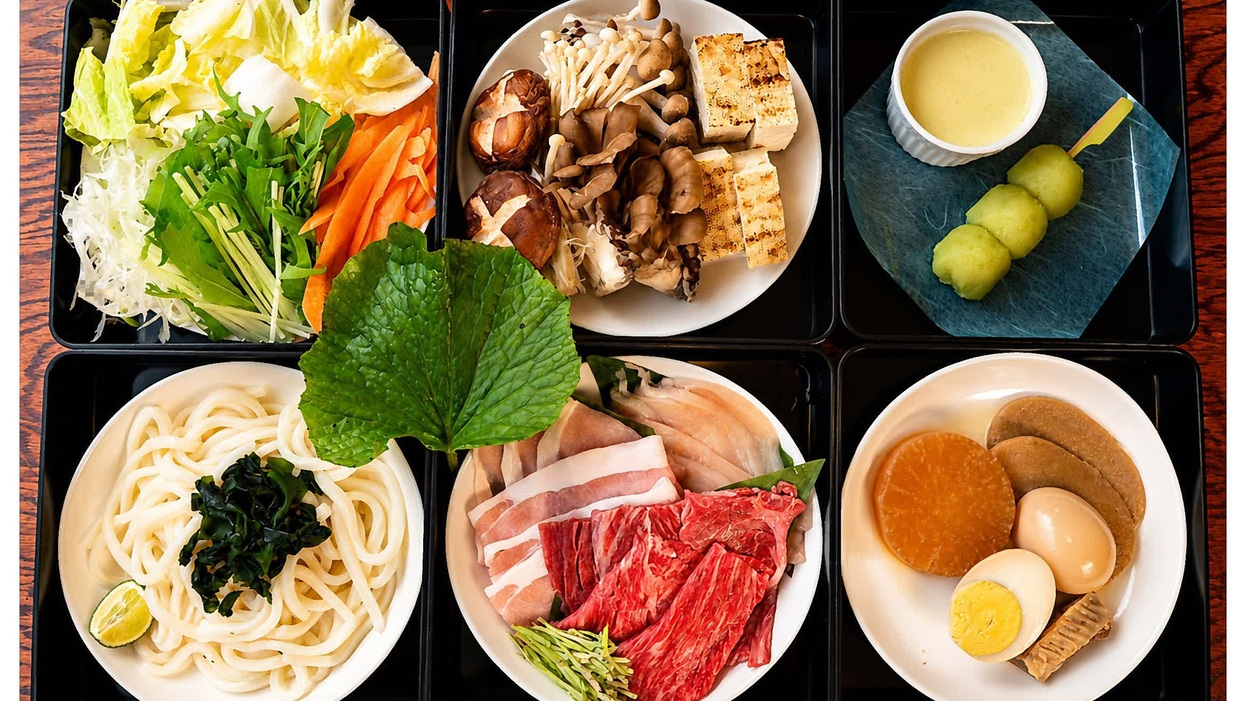【六段重×名物しゃぶしゃぶ】静岡茶出汁と天然わさびで味わう三種ブランド肉しゃぶしゃぶ鍋