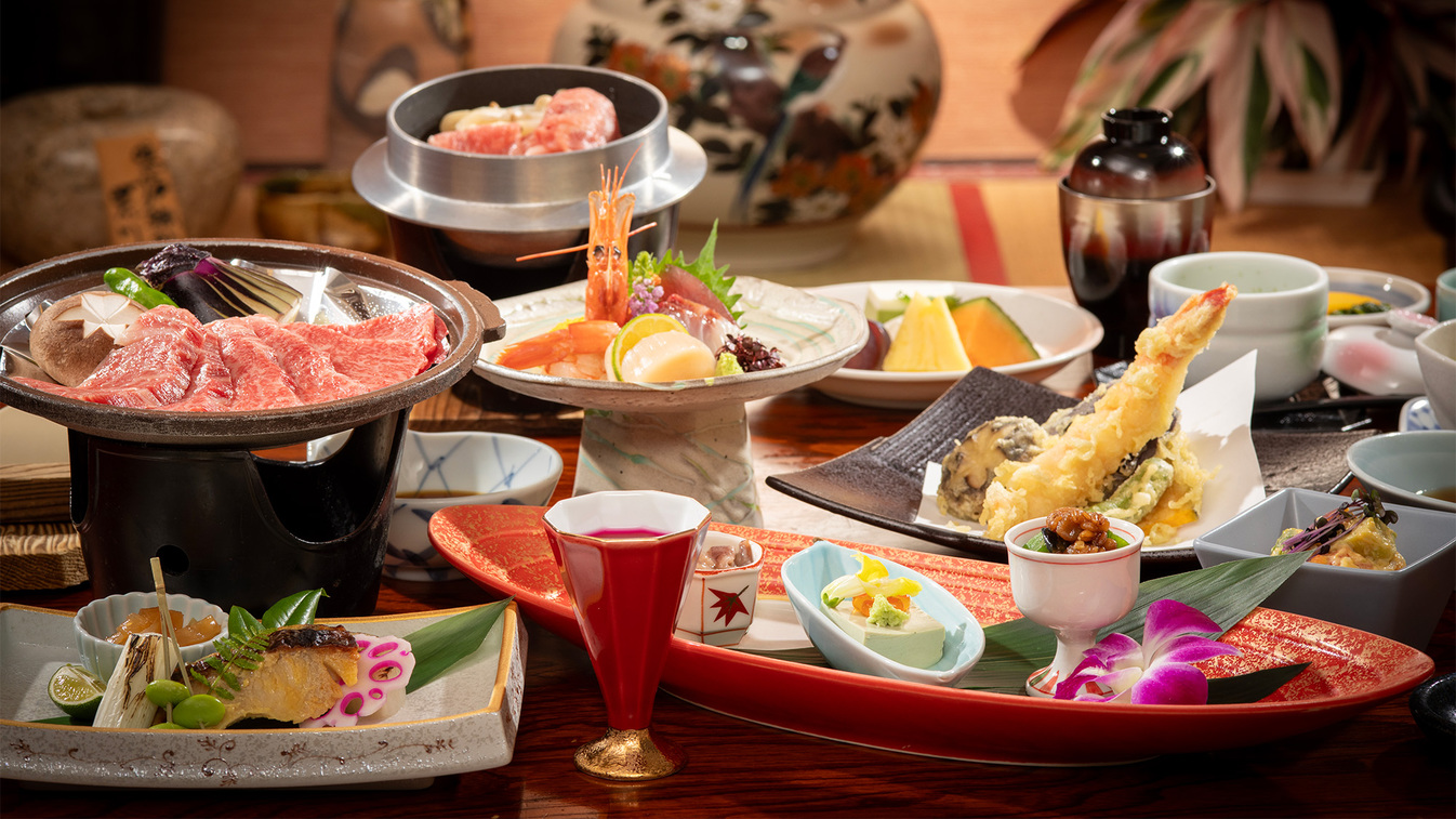 【料理が主役◆山の幸の巻】駿河会席〜あしたか牛陶板焼+エビと山の幸の天麩羅盛