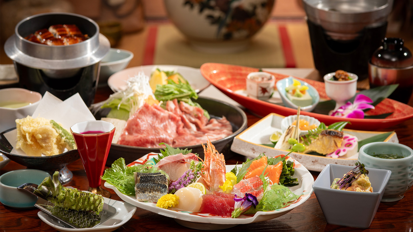 【料理が主役◆海の幸の巻】駿河会席〜お造大皿盛+あしたか牛しゃぶしゃぶ鍋+うなぎ釜飯