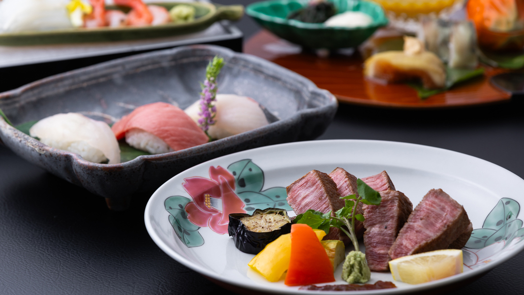 【お食事グレードアップ】〜寿司と和牛ヒレステーキ付贅沢懐石プラン〜