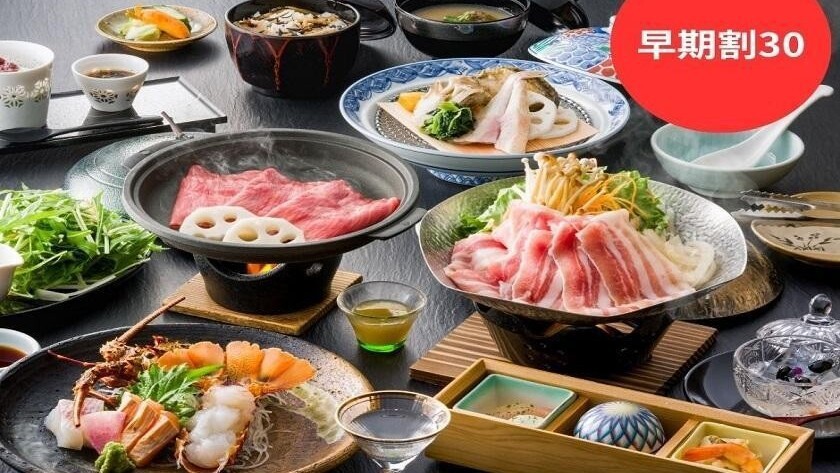 早割30一人1100円OFF 選べる鍋【豚蕎麦つゆ鍋orブイヤベース鍋】+伊勢海老+信州牛+鮑宝楽蒸