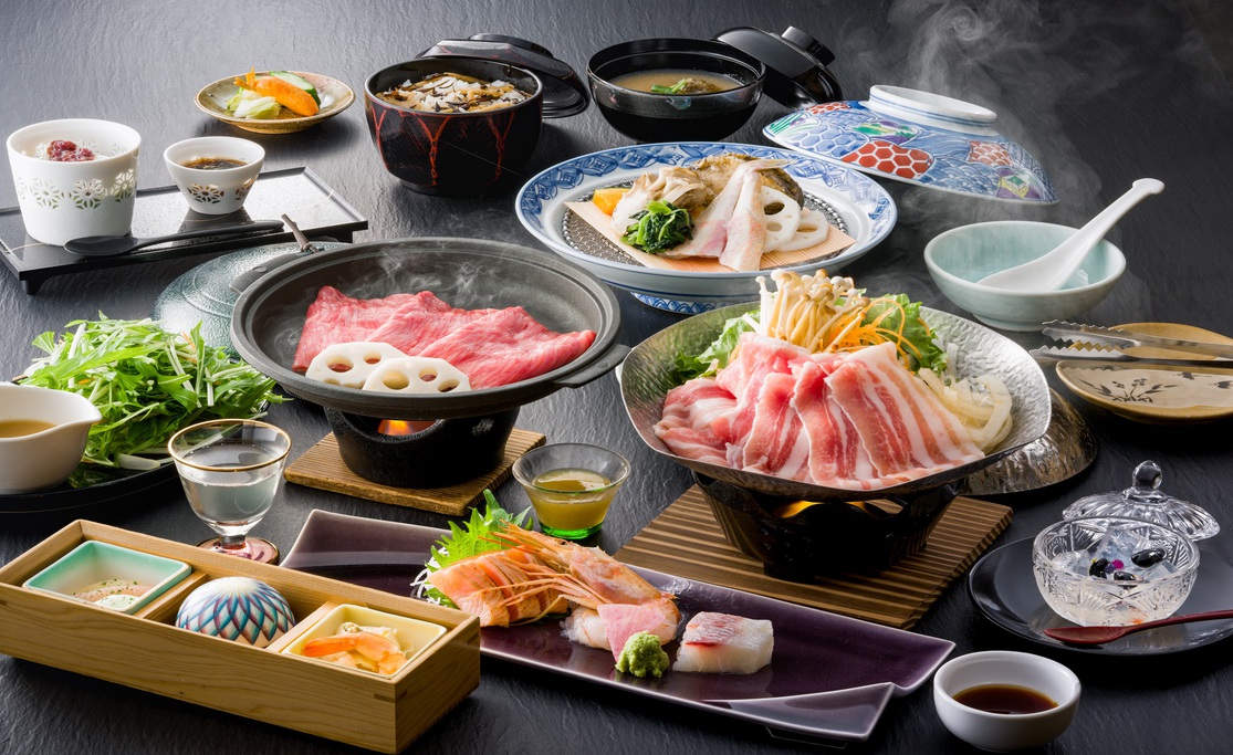 【選べる鍋】【信州豚蕎麦つゆ鍋orブイヤベース鍋】+信州牛+鮑とほうぼうの宝楽蒸しグレードアップ会席