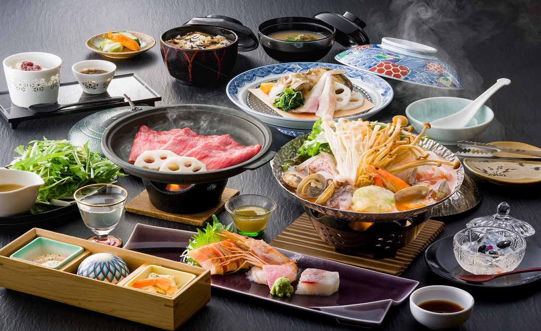 【選べる鍋】【信州豚蕎麦つゆ鍋orブイヤベース鍋】+信州牛+鮑とほうぼうの宝楽蒸しグレードアップ会席