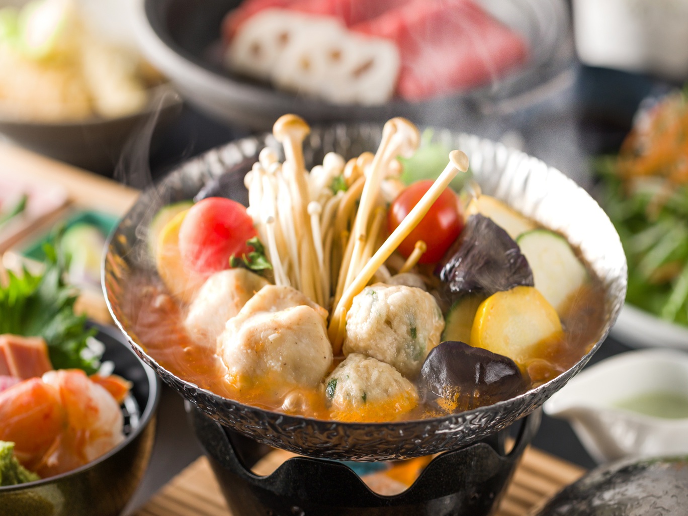 【鶏と夏野菜のトマト出汁鍋・信州牛の焼きしゃぶ】夏信州恵みづくし基本会席