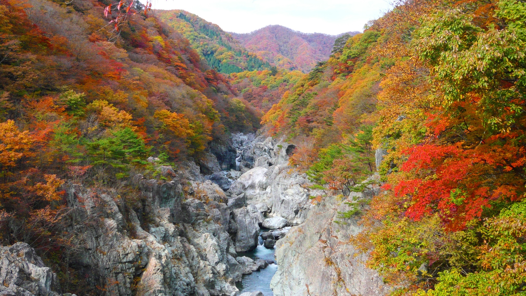 【龍王峡】葉が紅く色付きはじめる季節には、渓流美ならではの景色が広がります。