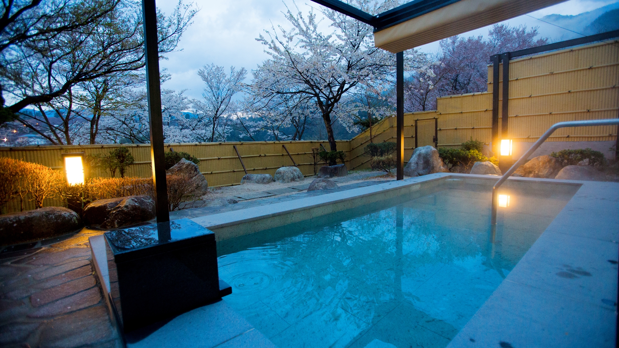 *【露天風呂】桜の時期限定で見れる、温泉に浸かりながらの夜桜はとても幻想的です