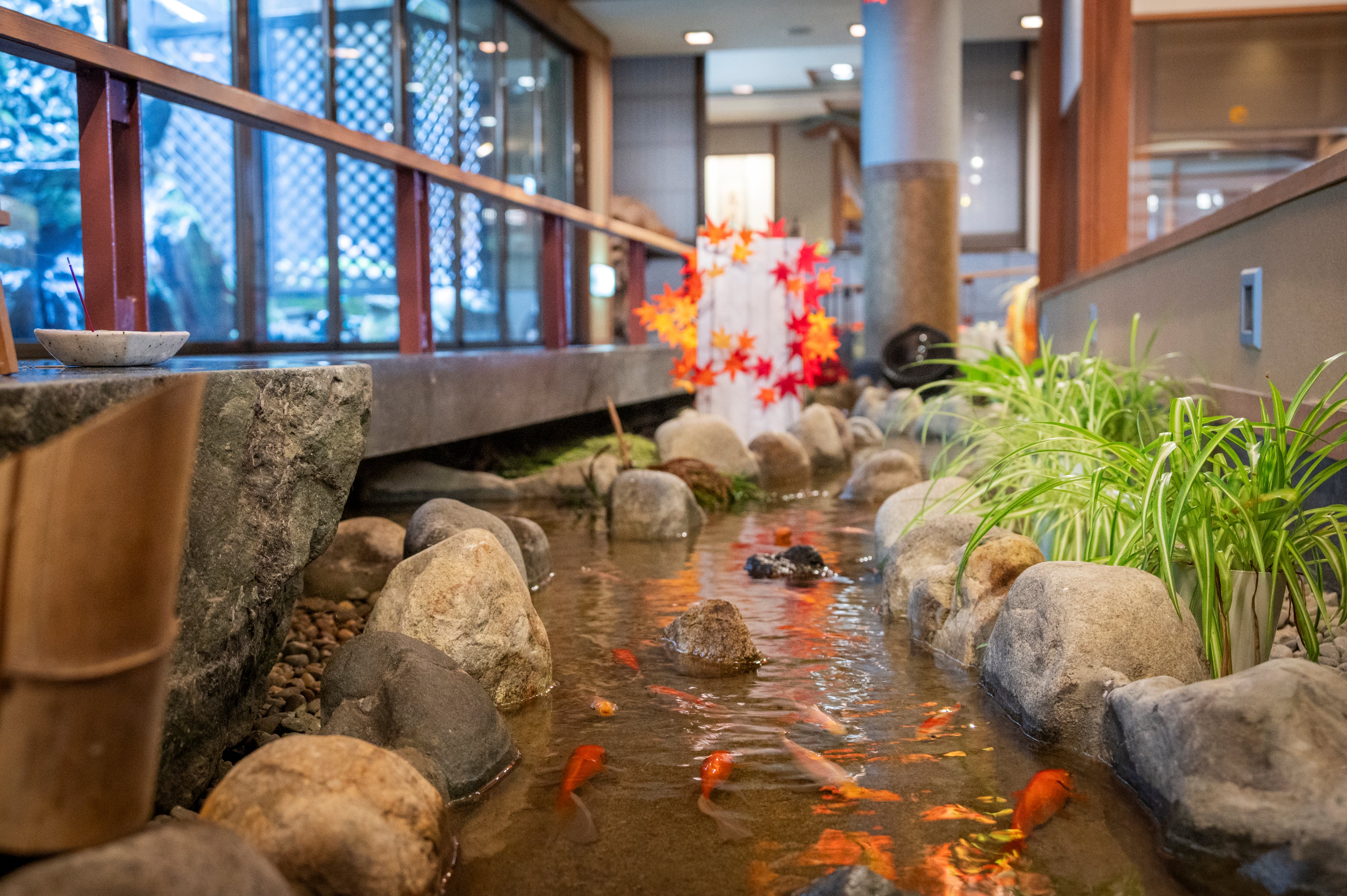 秋のエントランスを流れる小川