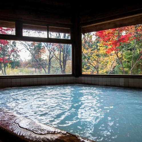 【丸太造りの温泉浴場】乳白色の温泉にのんびり入りながら、秋は赤や黄色に色づく紅葉を眺める贅沢な時間