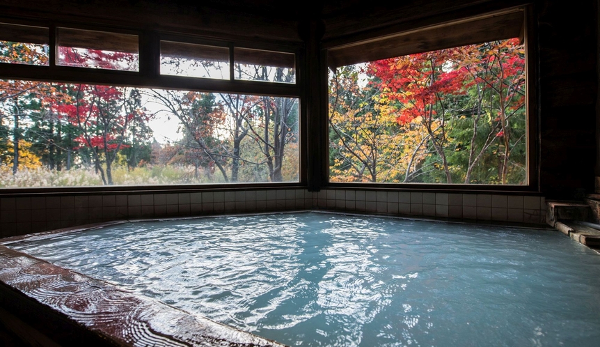 【丸太造りの温泉浴場】秋は赤や黄色に色づく紅葉を眺める贅沢な時間になります