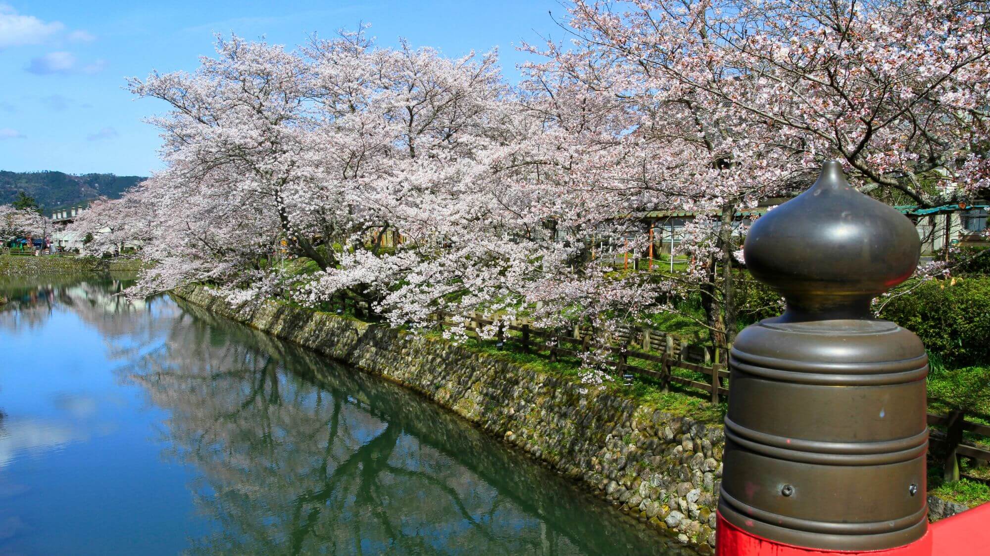 約400年前に築かれた城下町の中心に位置する鹿野城跡。城堀の水面の水鏡に映る幻想的な景色を楽しめます
