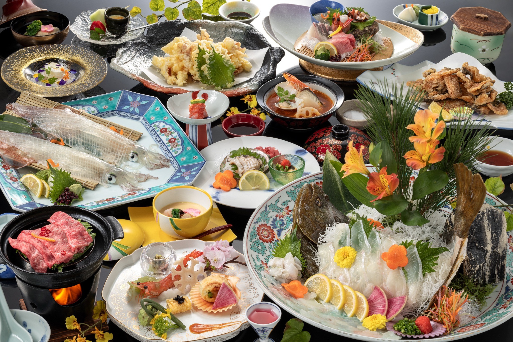 【旬魚】平目の姿造りと呼子活きイカ・佐賀牛鍋 