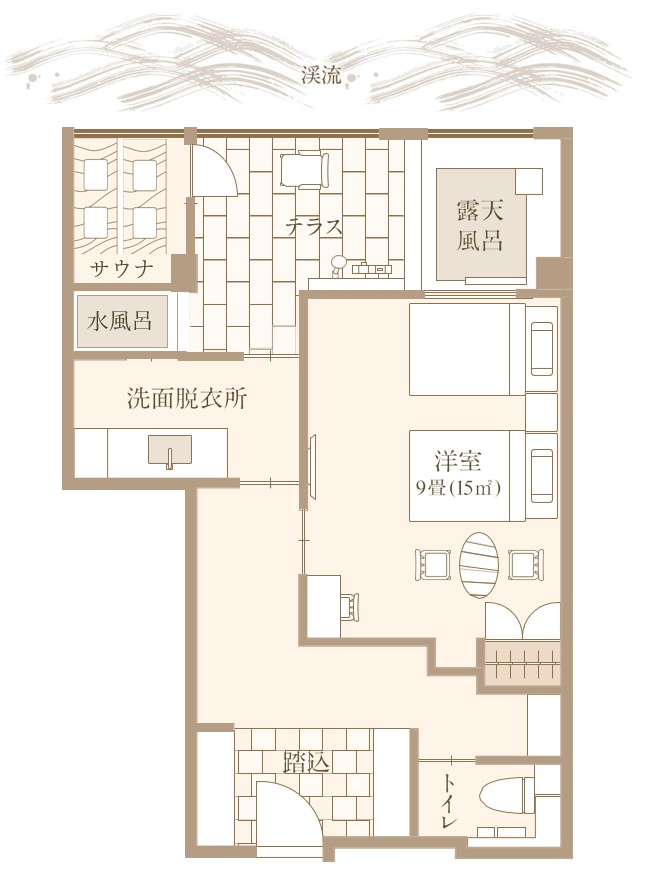 【渓流眺望】源泉露天風呂＆サウナ付き洋室ツインの間取り