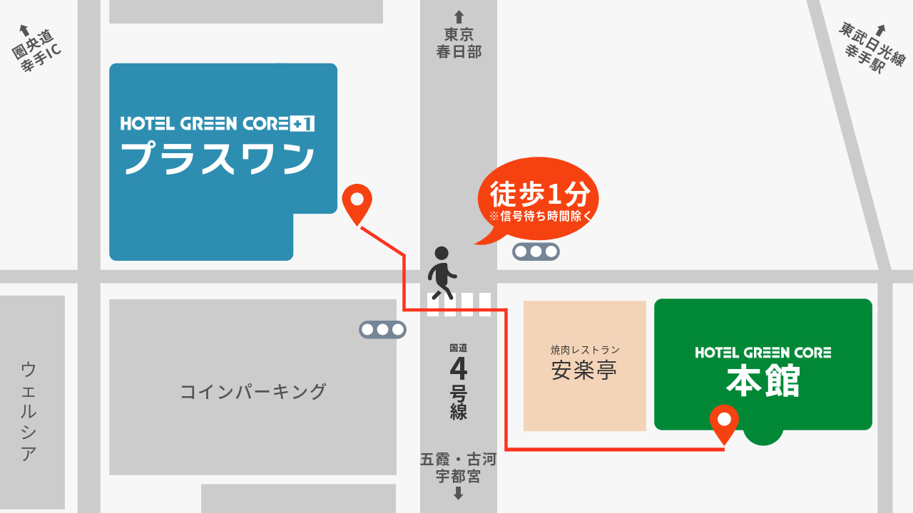 グリーンコア本館へは徒歩1分（信号待ち時間により前後します）