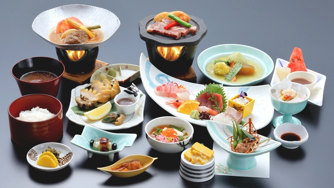 【グレードアッププラン】地元ブランドしあわせ牛と活蝦夷あわびのダブルステーキを贅沢に！（１泊２食）