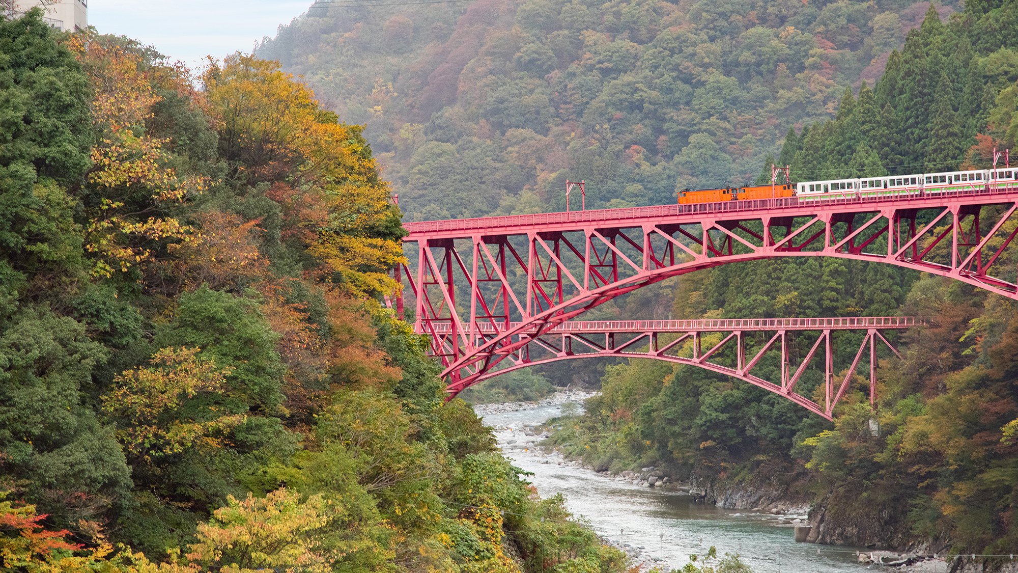 【景観】紅葉をバックに走る黒部渓谷トロッコ電車は最高♪