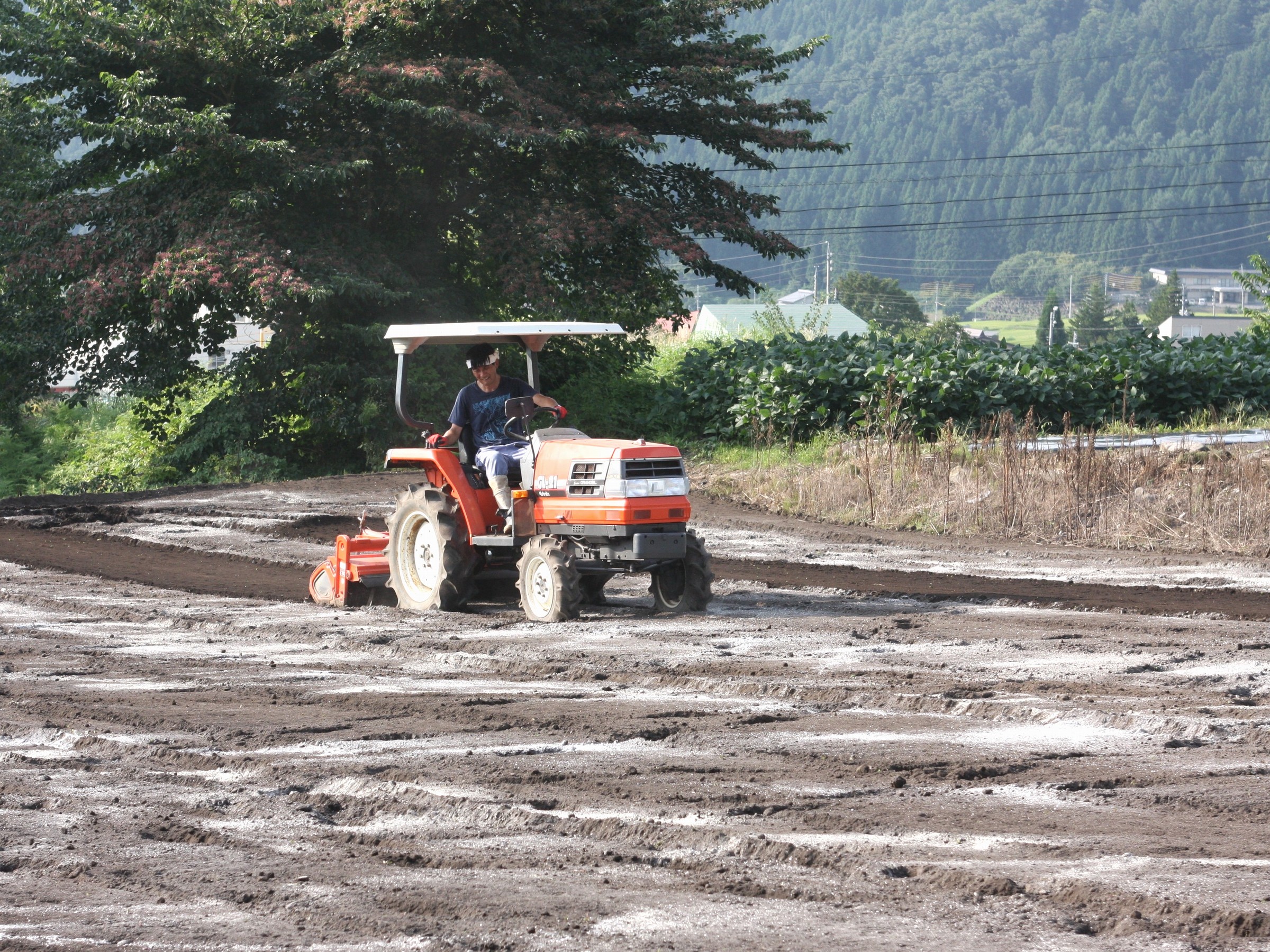 自家菜園をトラクターで耕作中