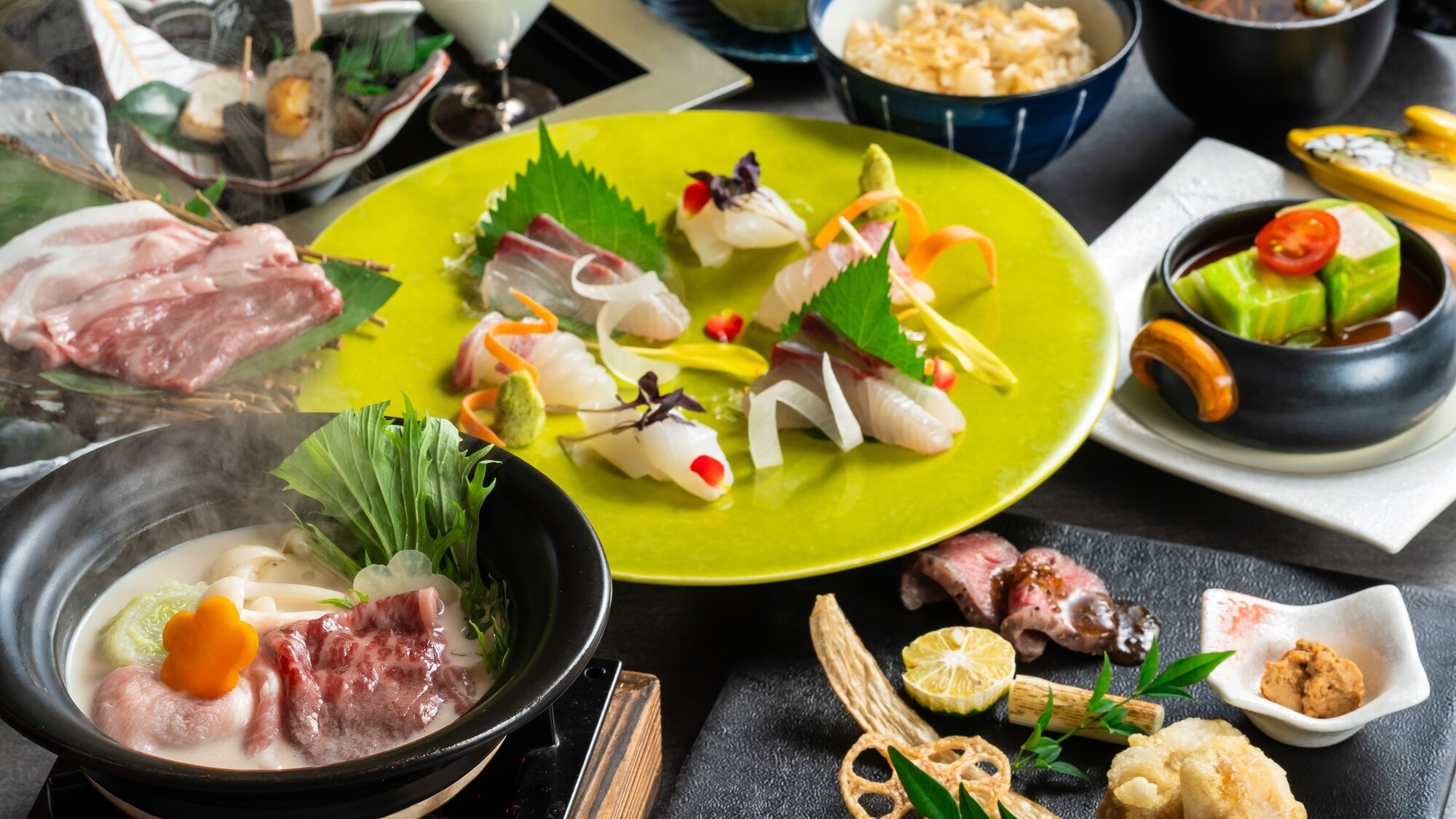 【土地の恵み会席】博多和牛炙りや三海灘の幸のお刺身などお肉も魚介も楽しめる