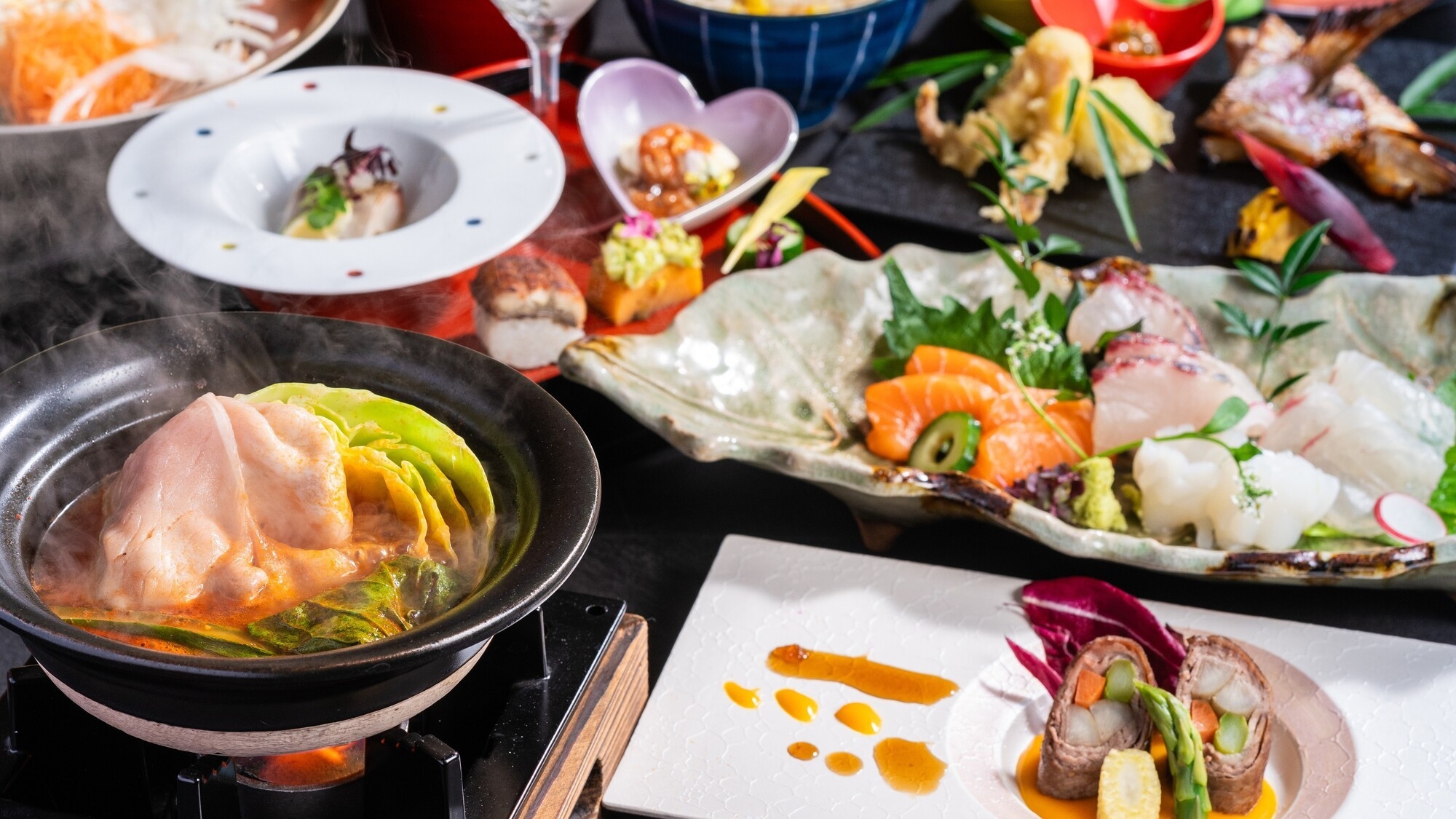 【土地の恵み会席】博多和牛のあっさり煮や春キャベツと玄界灘の漁師鍋などお肉も魚介も楽しめる