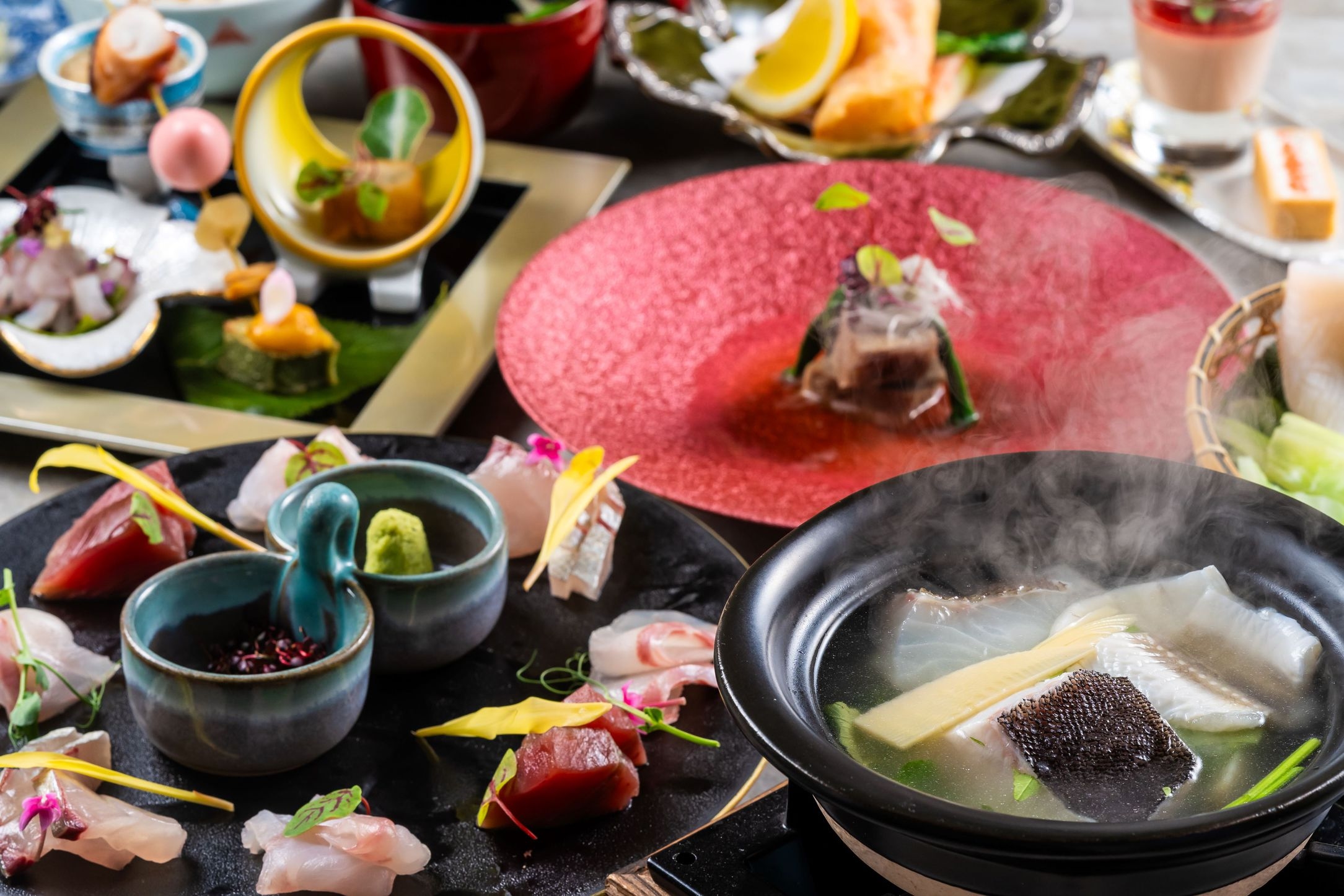 【土地の恵み会席】若松トマトと博多和牛の煮込みや若松野菜と牡蠣のオーブン焼きなどお肉も魚介も楽しめる