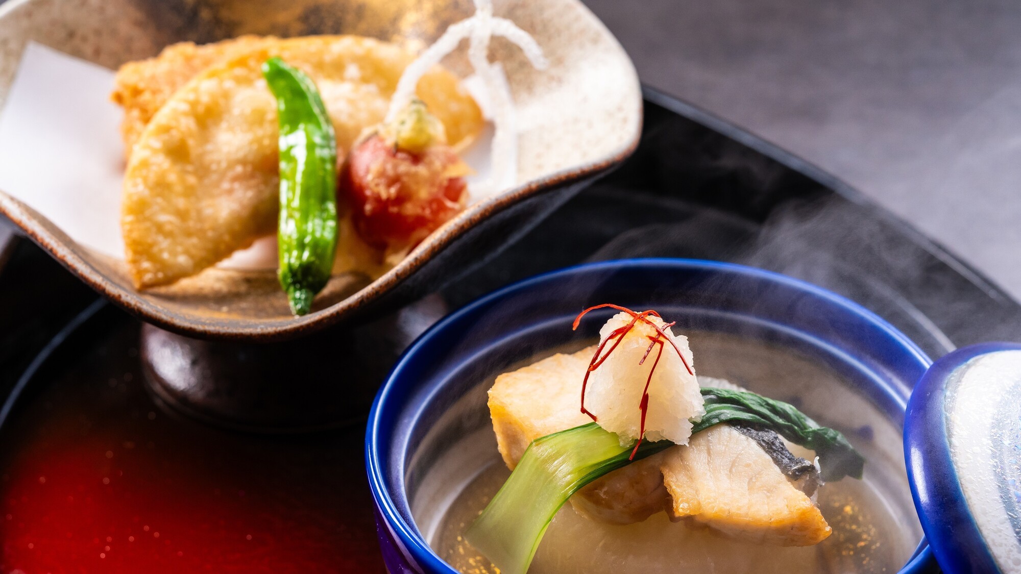 鰤の霙煮　蕃茄葛揚げ　明太子包み揚げ