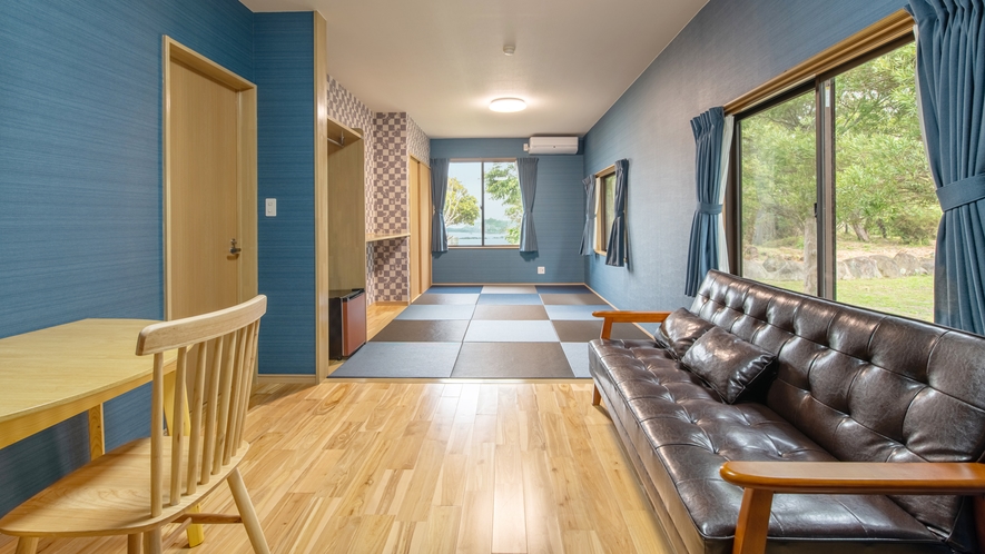*【客室一例】ファミリー和洋室。2021年3月にリニューアルした、青い空間が特徴のお部屋です！