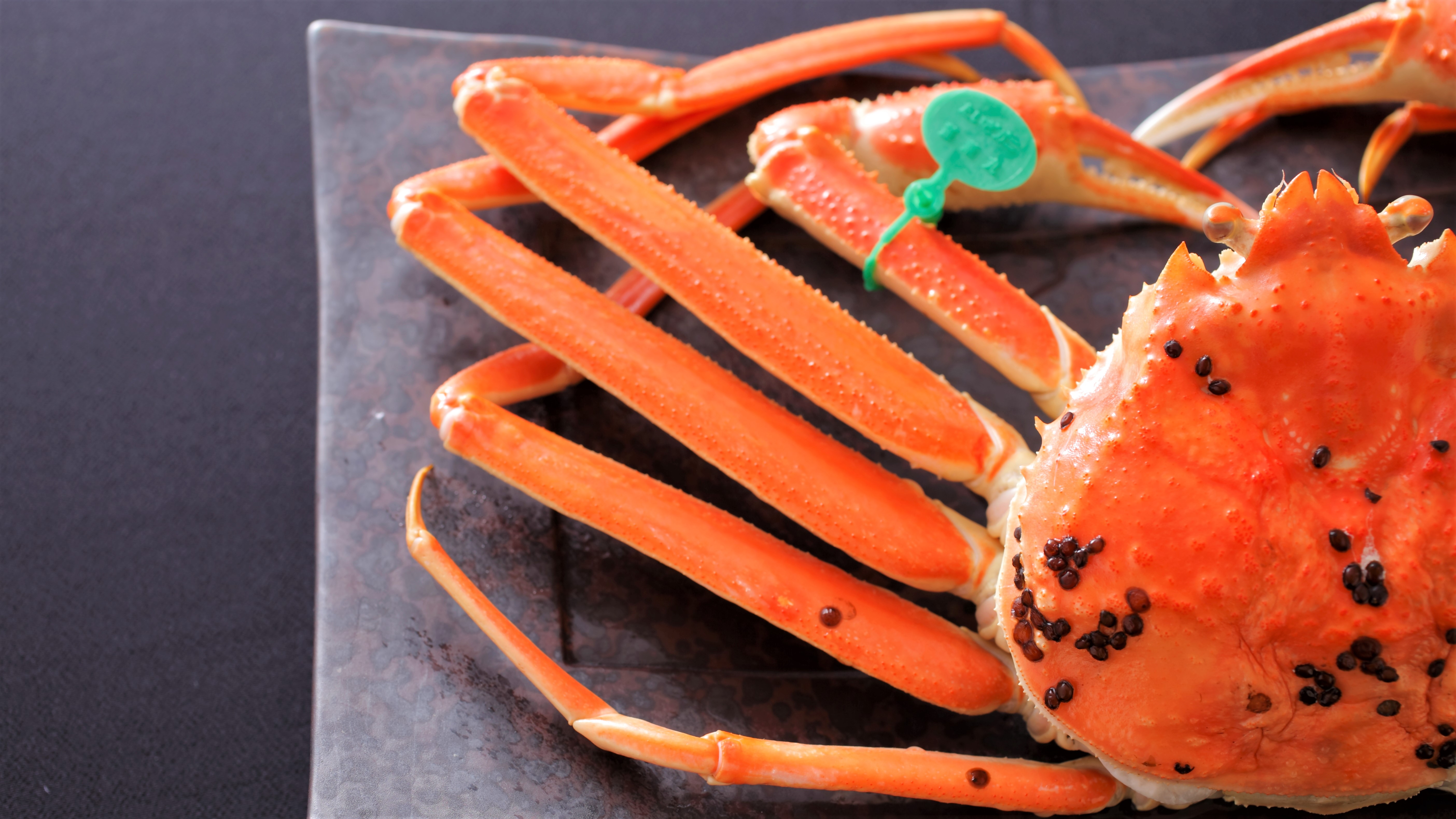 【幻の間人蟹】緑色のタグはブランド蟹の王様の証。茹でガニで素材の味を堪能する。