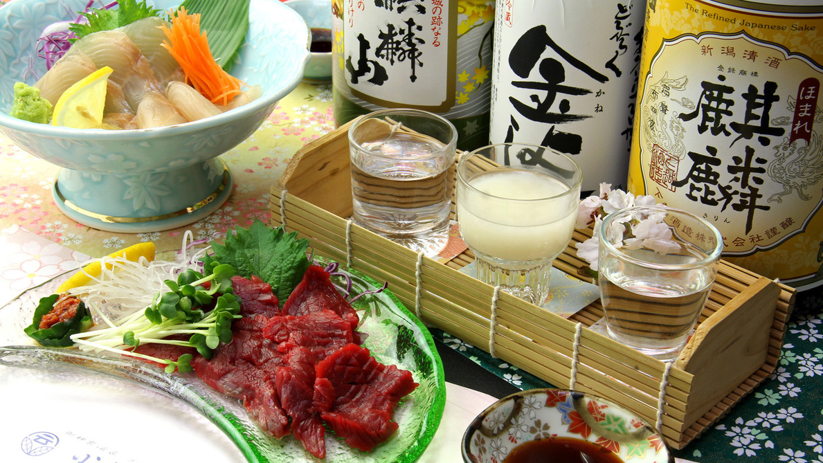【地酒×馬刺し】馬刺しと岩魚と地酒3種飲み比べ♪「佐渡島の金山」世界遺産登録１周年記念【美食旅】