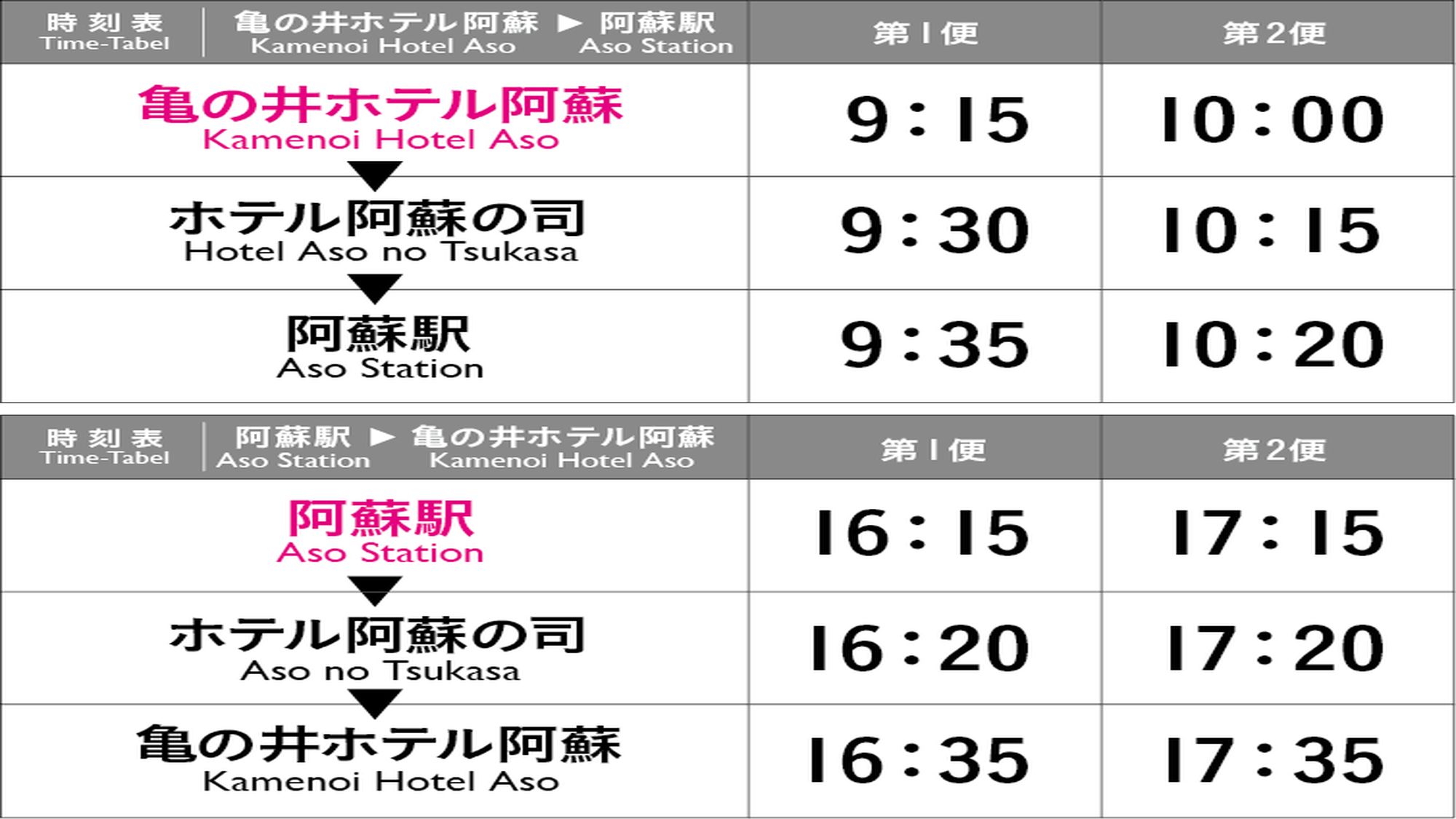 阿蘇駅⇔ホテル無料シャトルバス時刻表