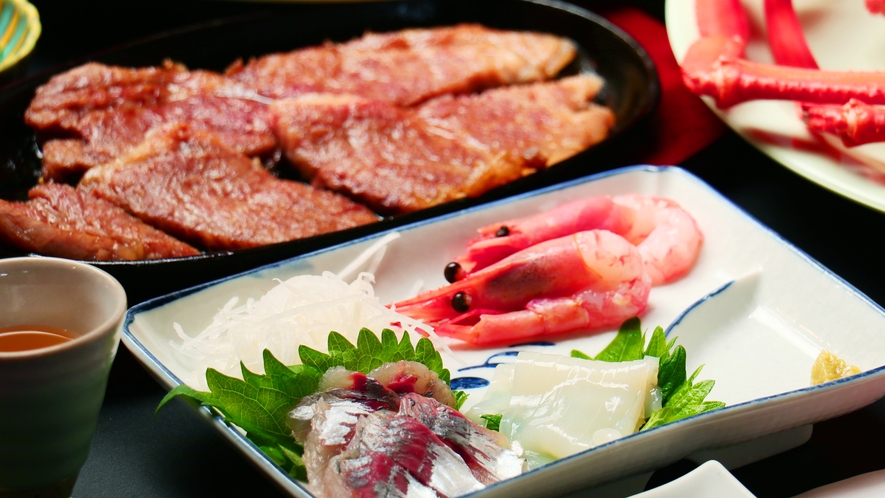 【香住ガニ&国産牛ステーキ】鮮魚のお造りもご一緒に＾＾ｂ
