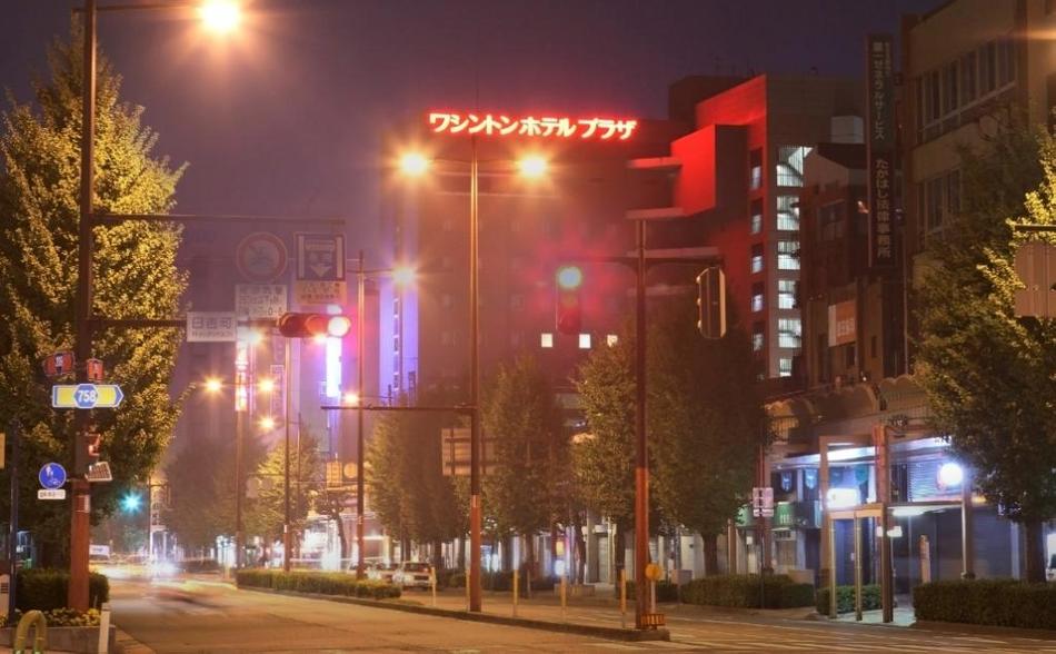 Hotel exterior at night