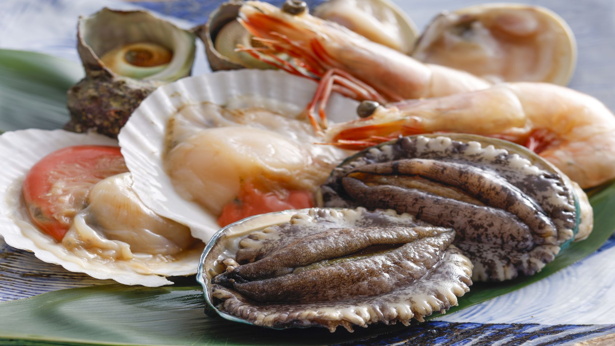 新鮮な魚介類（アワビ・サザエ・有頭海老・帆立・蛤）の５種の海鮮焼