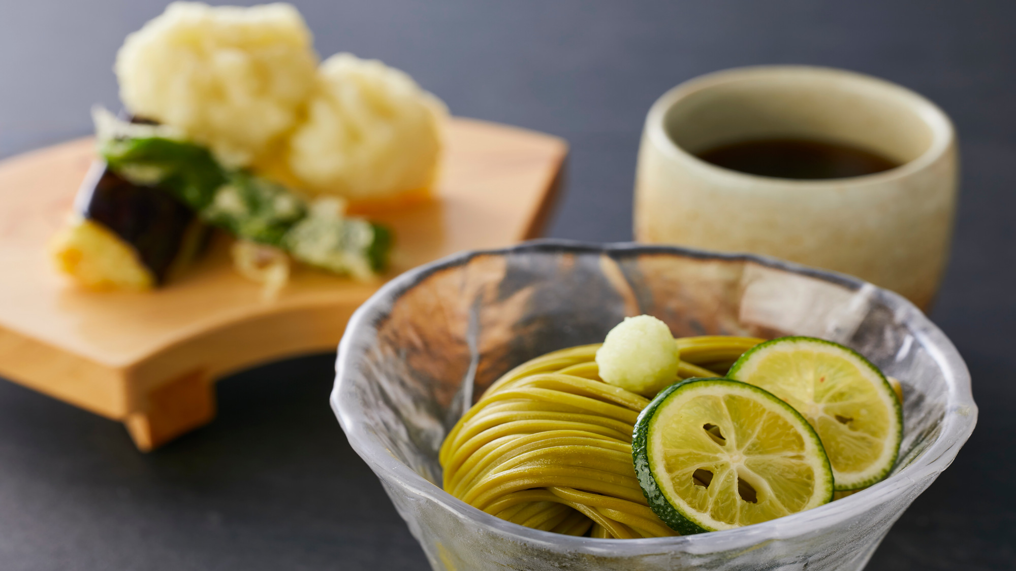 【土地の恵み会席】夏(2026年6月～8月)油物 鱧と丸茄子揚げとおろし茶蕎麦