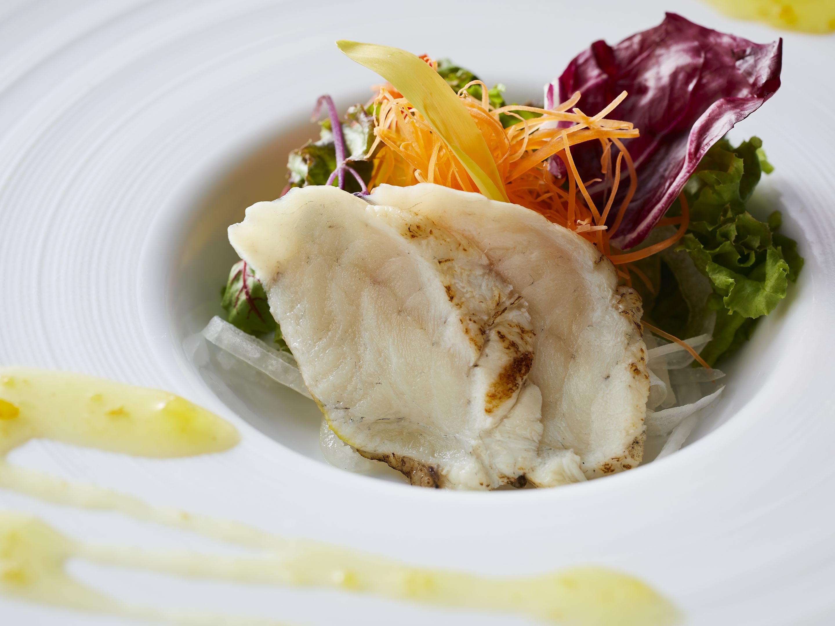 【季節の会席】冬(2025年12月～2026年2月) 酢の物 炙り河豚のサラダ仕立て　橙ソース掛け