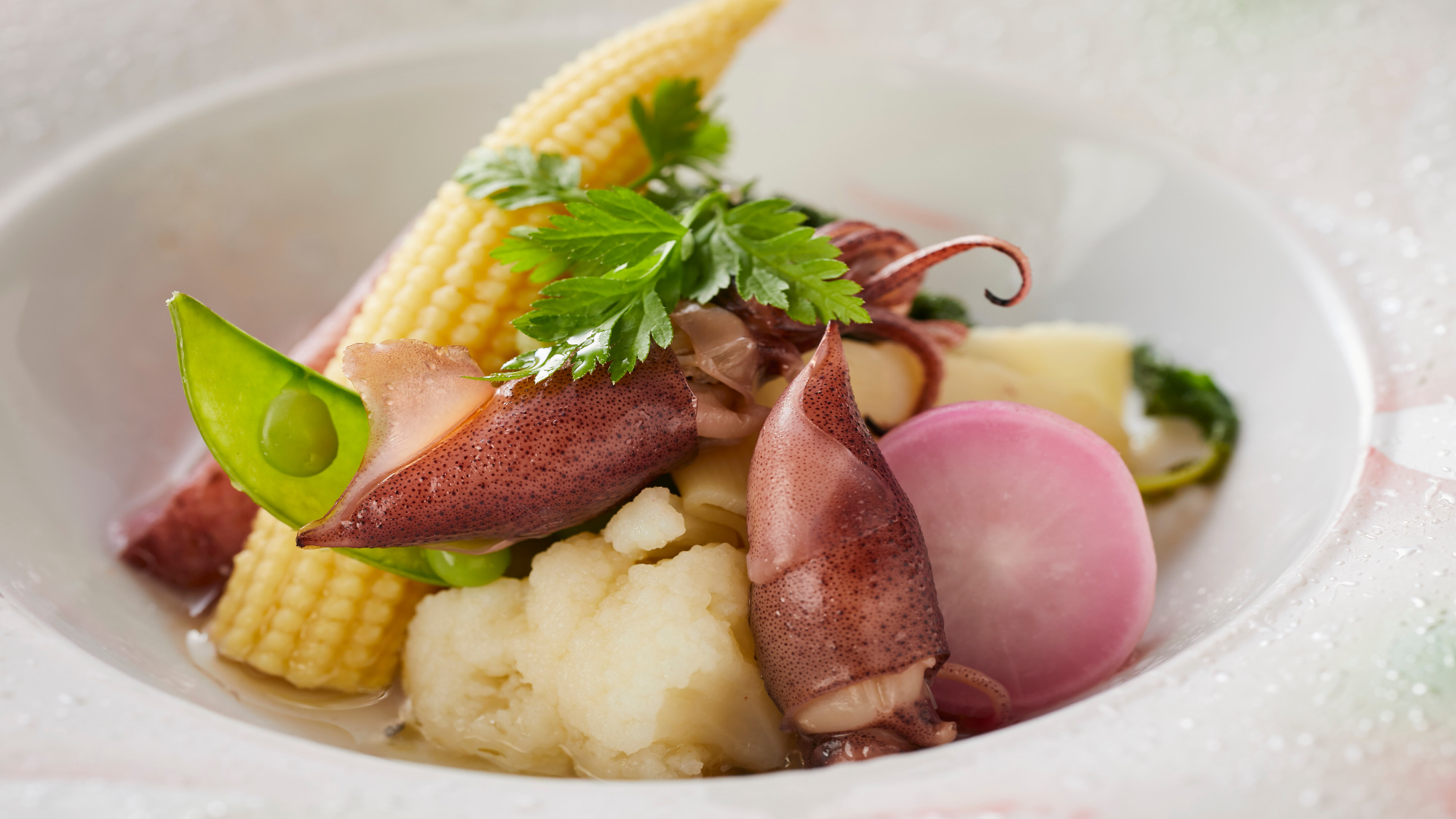 【季節の会席】春(2026年3月～5月)留皿 蛍烏賊と彩り野菜のエチュベ